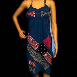 GENUINE THREADZ BLUE DRESS HOT PINK WIth BLACK BANDANNA S M L XL length 28 inch